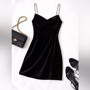 H&M Black Velvet Mini Dress – Rhinestone Chain Straps – Size S